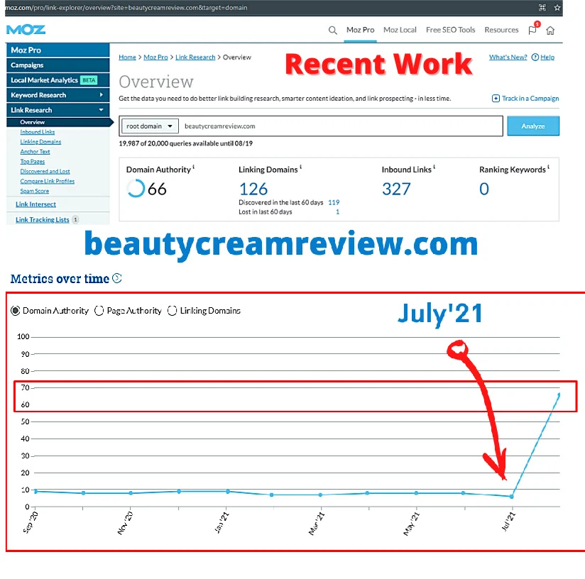 Moz Domain Authority overview showing growth to 66