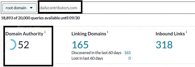 Moz Domain Authority overview showing growth to 52