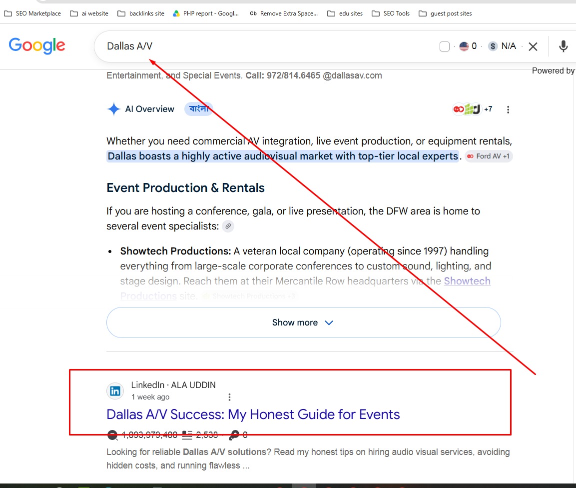 Keyword ranked in first position on Google for Dallas AV client