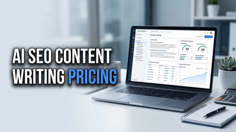 AI SEO content writing service pricing with a laptop displaying content outlines, keyword analysis, SEO optimization metrics, and article pricing estimates.
